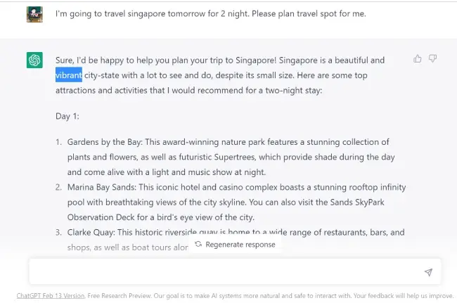 ใช้ ChatGPT แชตบอทช่วยแนะนำสถานที่ท่องเที่ยวประเทศสิงคโปร์