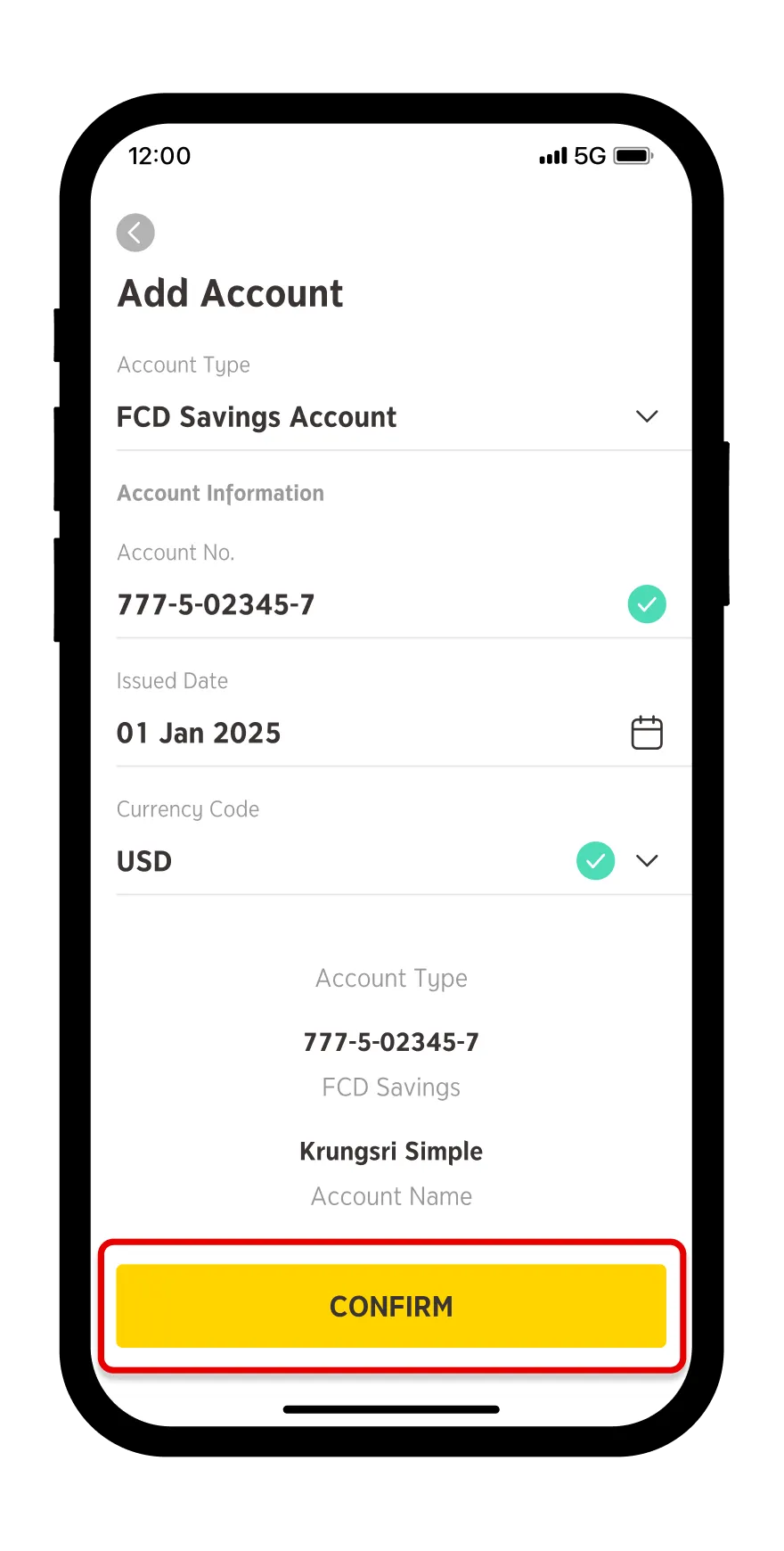 Enter Krungsri FCD Account Information