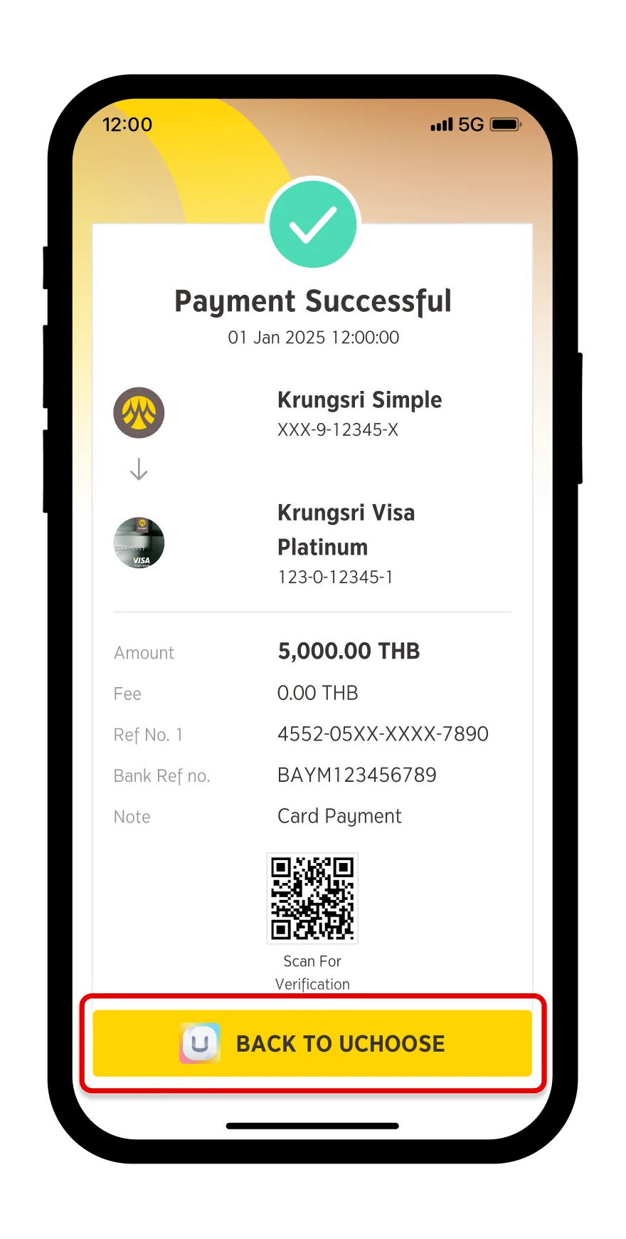 Display of successful payment