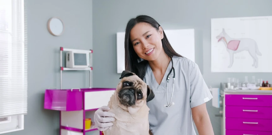 สัตวแพทย์ที่เปิดคลินิกเองถ่ายรูปคู่กับสุนัขที่มาฉีดวัคซีน