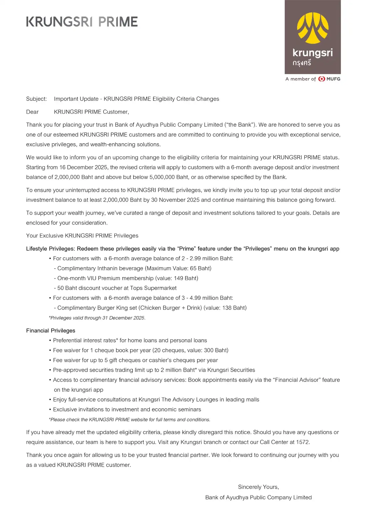 KRUNGSRI PRIME Eligibility Criteria Changes
